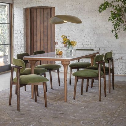 At1977 layla dining chair in green velvet with cone natural dining table