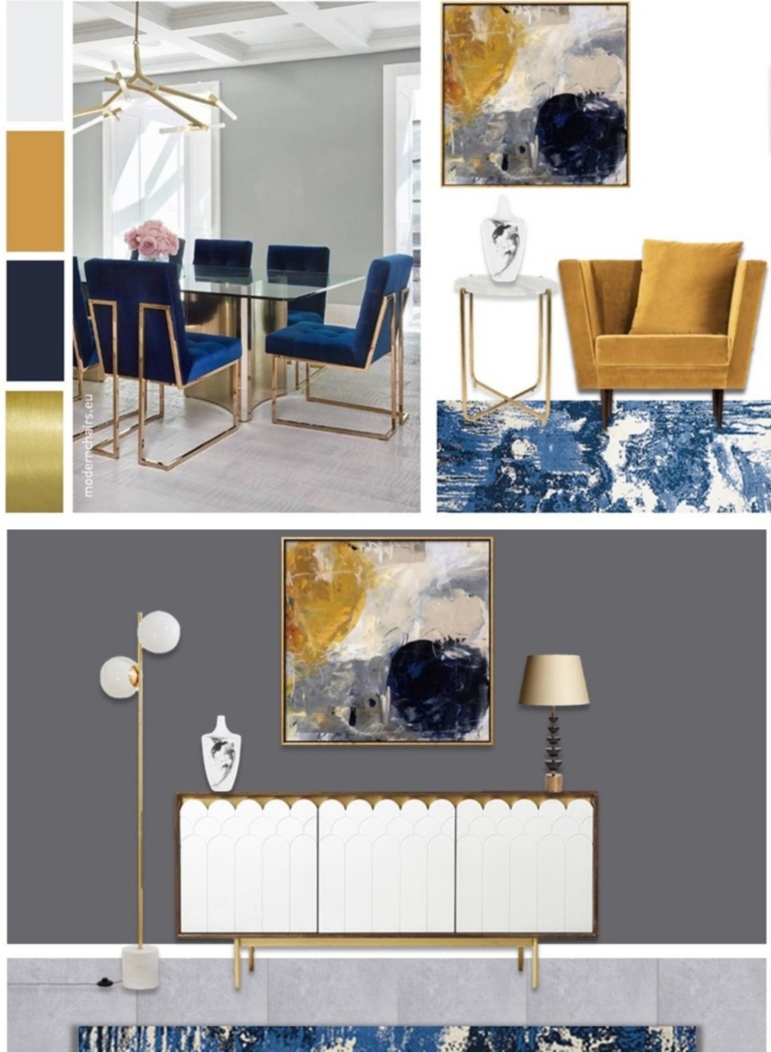 House tour: Jourdan Dunn’s beautiful dining room in blue and mustard.