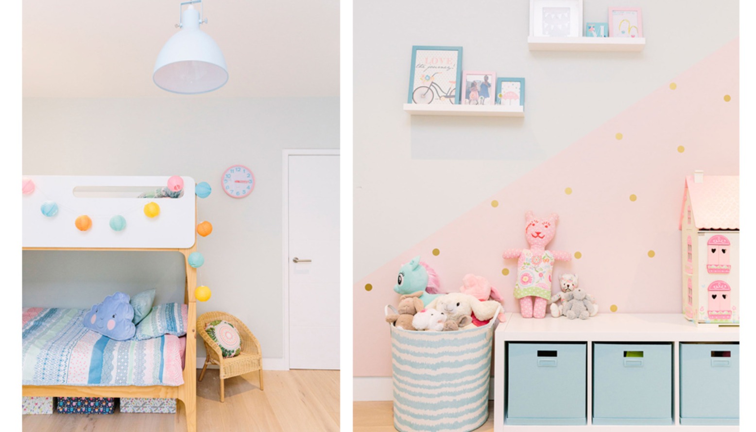 A bunk bed for a sisters' bedroom in pale pink and turquoise with lots of storage