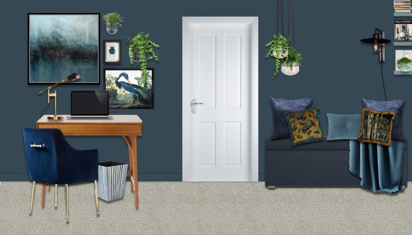 Blue and brass for a mid-century inspired Home Office & Guest Bedroom. Use plants, botanical cushion & a gallery wall to create elegant eclectic look
