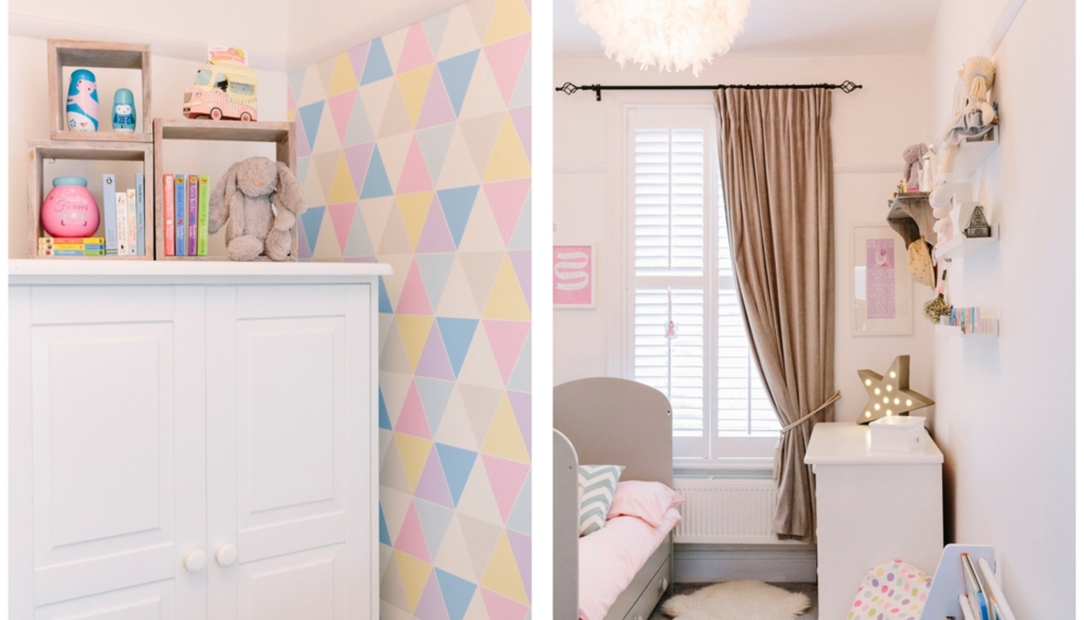 Geometric pastel coloured wallpaper with a fluffy cloud ceiling light and faux fur makes a cosy children's bedroom 