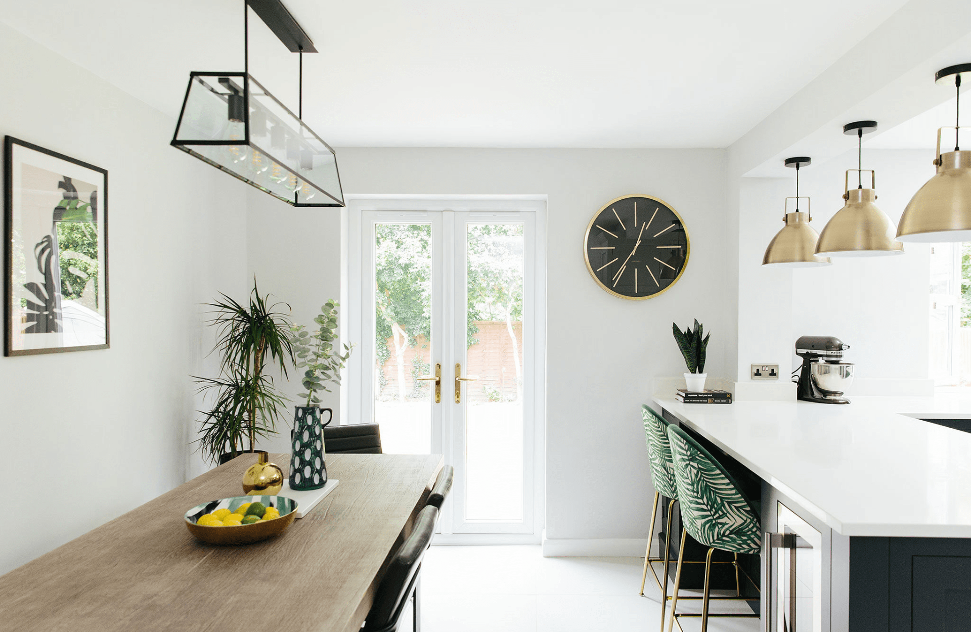 Kitchen dining area with leaf patterned chairs