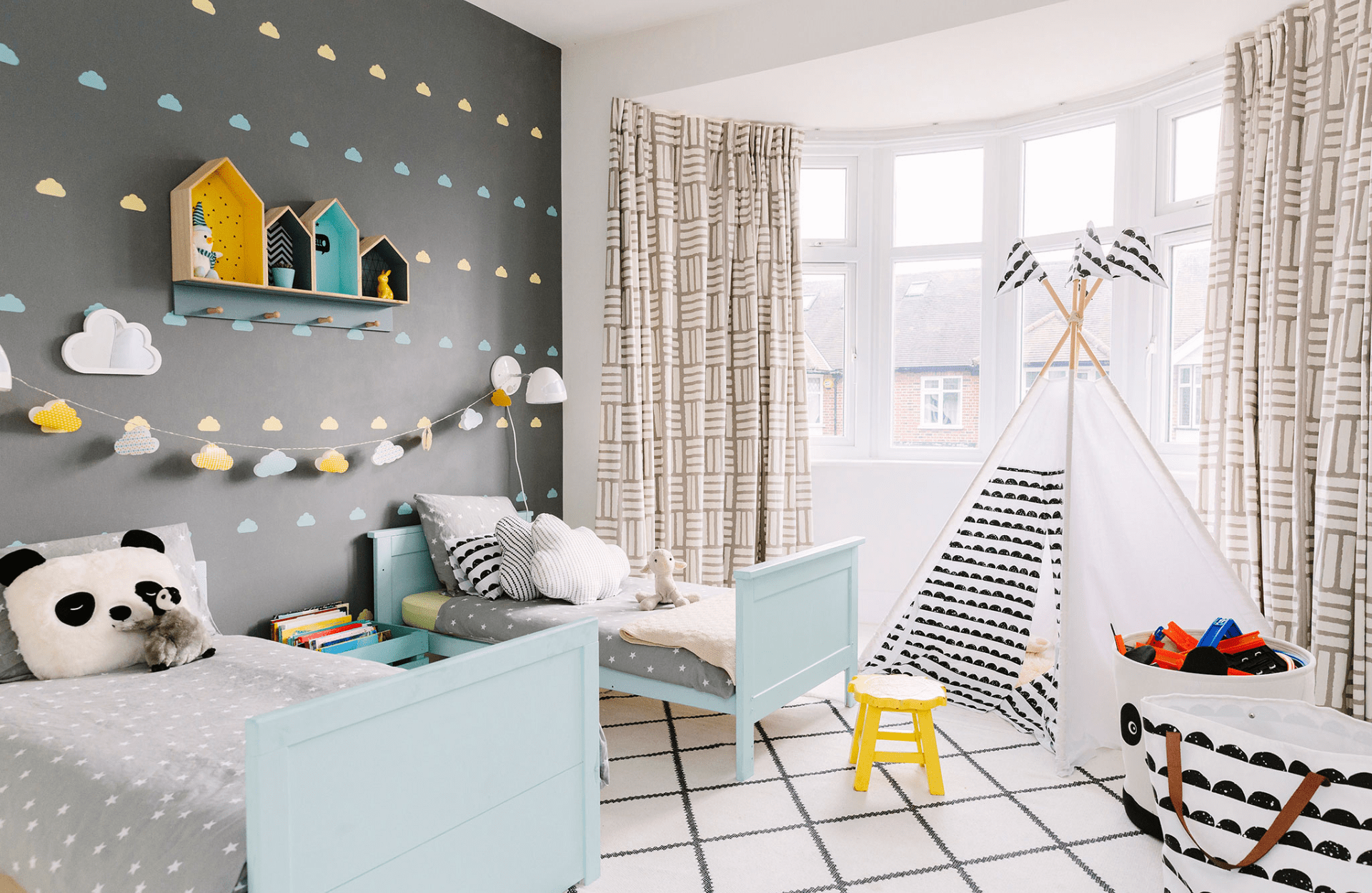 Child's room with cushions and toys