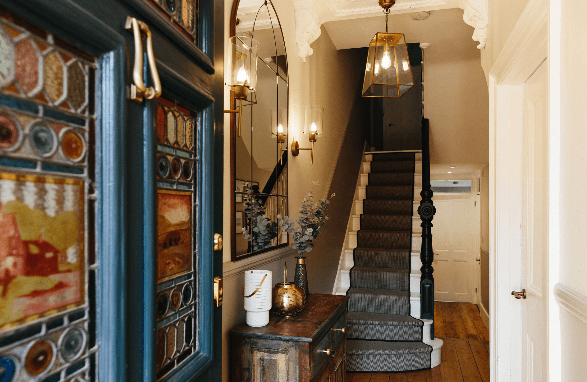 Hallway with stain glass windows