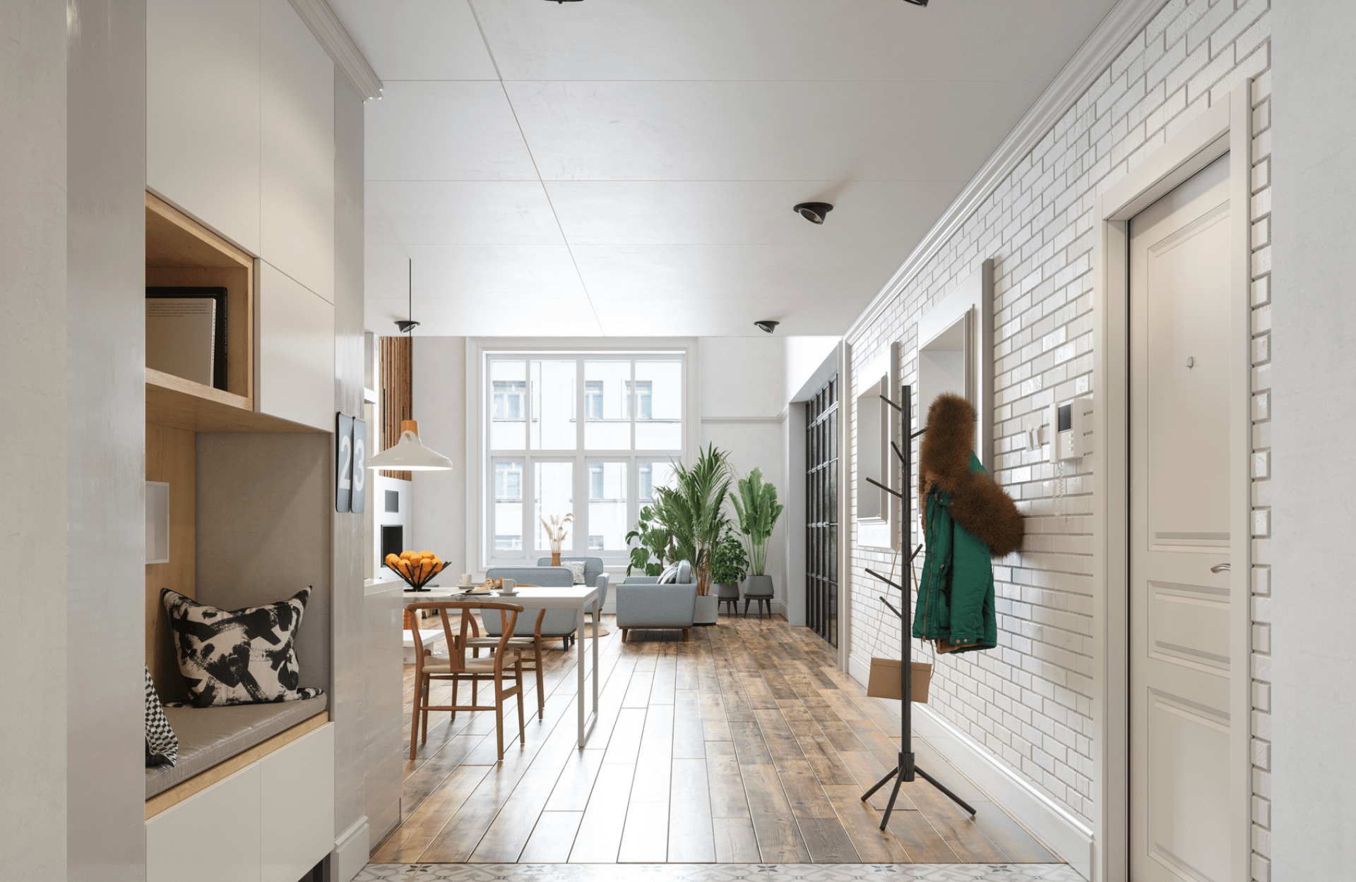 living/dining room with tiles on wall